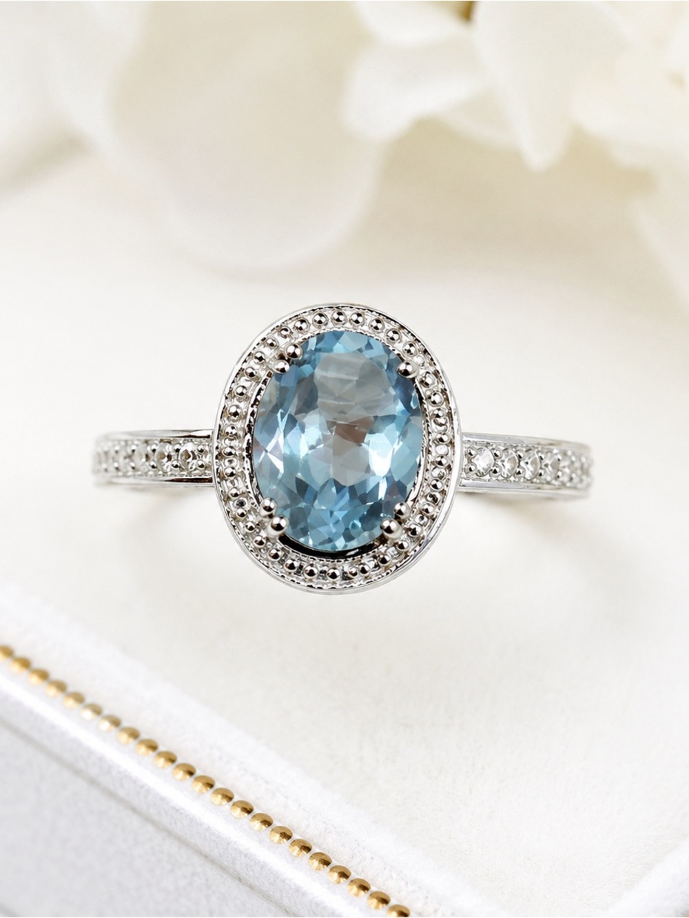 925 Sterling Silver Oval Blue Topaz Ring with White Accent Stones Size 8